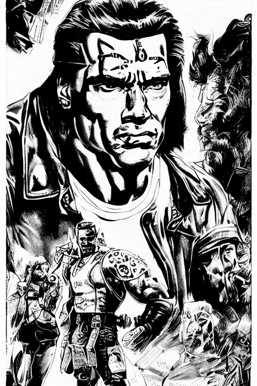 Prompt: arnold schwarzenegger, a page from cyberpunk 2 0 2 0, style of paolo parente, style of mike jackson, adam smasher, johnny silverhand, 1 9 9 0 s comic book style, ink drawing, black and white