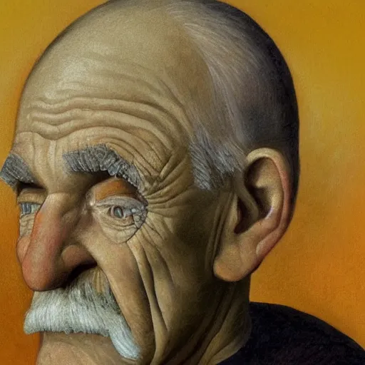 Image similar to detailing character concept portrait of old man by Grant Wood, on simple background, oil painting, middle close up composition