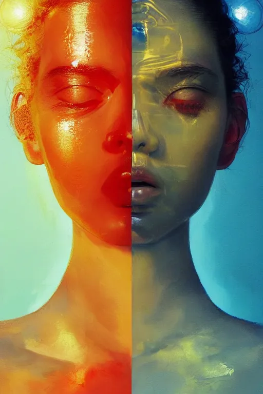 Image similar to 3 d, sci - fi, sun rays, sleepy fashion model face, yellow faces, cinematic, vogue cover style, poster art, light red and deep blue mood, realistic painting, intricate oil painting, high detail, figurative art, multiple exposure, poster art, 3 d, by tooth wu and wlop and beeple and greg rutkowski