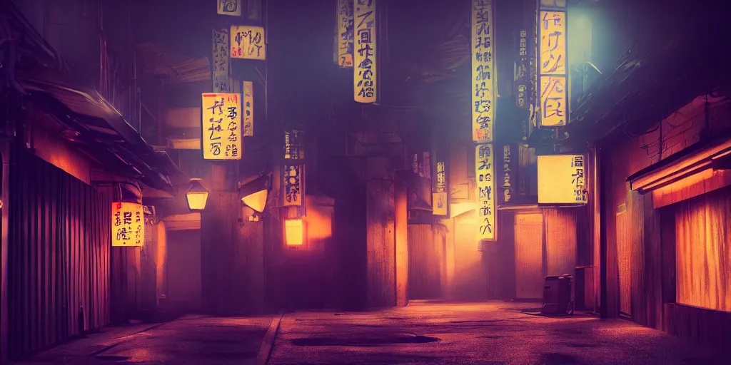 Image similar to a japanese alleyway at night, in the style of blade runner 2049, volumetric lighting