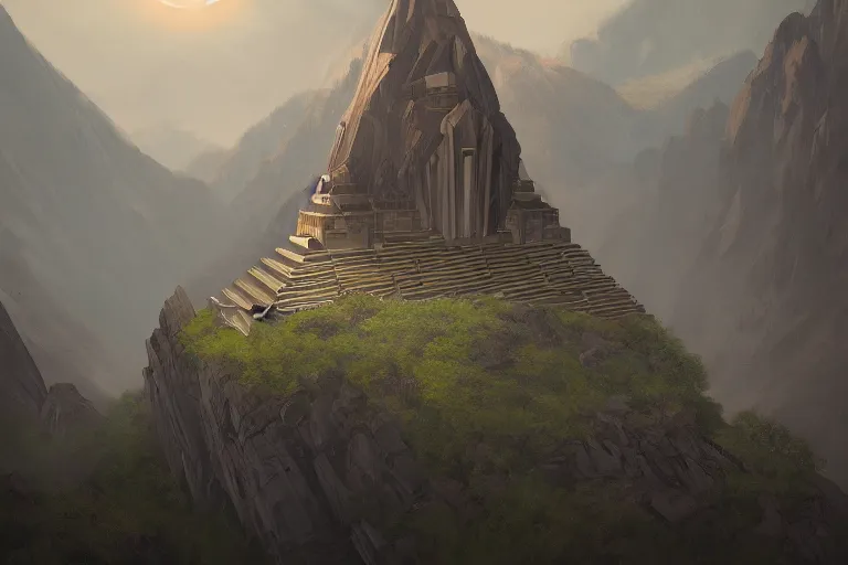 Prompt: geometric solar temple in mountains, trending on artstation, cinematic, artwork by Gurney, James