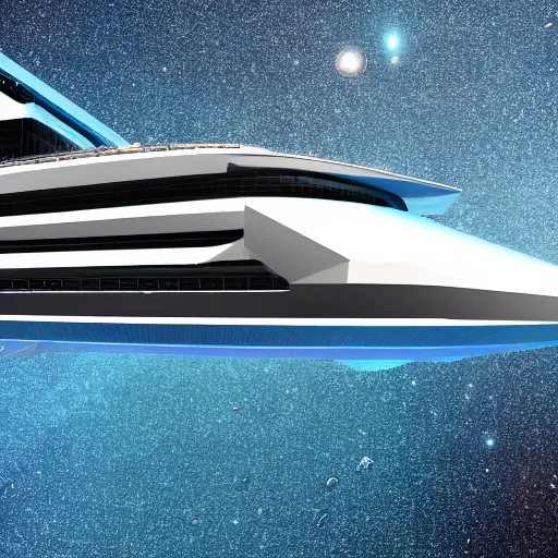 Prompt: a giant luxury cruise liner spaceship, shaped like a yacht, with a glass hull and ceiling and see - through exterior, hull is a opera house, aerial view of opera house on spaceship, floating in outer space, galaxies and stars in background, asteroid belt in distance, well lit, 8 k, futuristic, high detail, vibrant colors, digital art