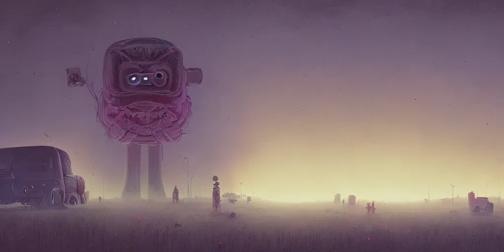 Image similar to people facing cosmic horror by simon stalenhag