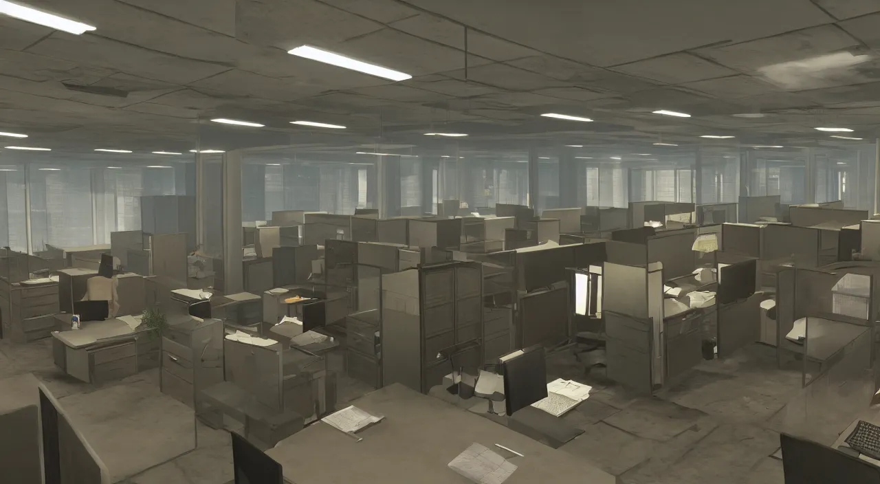 Image similar to An office at 3AM with multiple cubicles and a window that provides a view of the city, Source Engine, Gmod, Half Life 2, Bioshock, Outlast