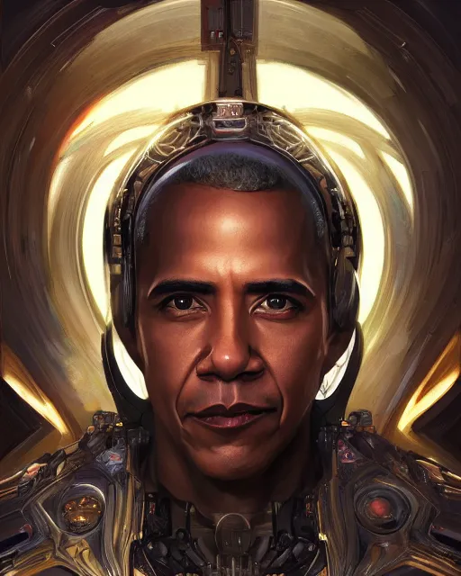 Image similar to portrait of holy cyborg barack obama savior, god, fantasy, intricate, elegant, highly detailed, digital painting, artstation, concept art, smooth, sharp focus, illustration, by artgerm and greg rutkowski