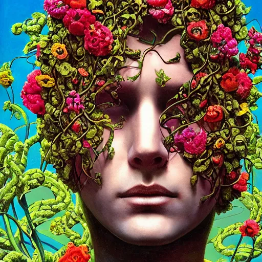 Image similar to A colorful, detailed print - A portrait of a robot composed entirely of flowers and vines. by Arnold Bocklin and Barclay Shaw, masterful print. 4k, unreal engine stunning Art Nouveau