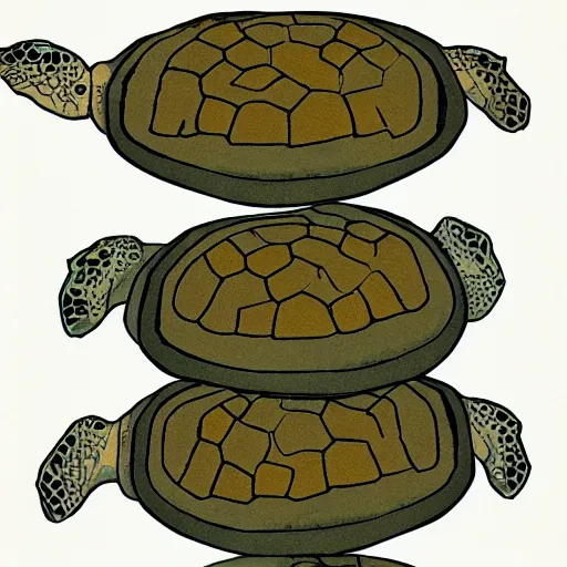 Prompt: a stack of turtles beneath a round disc map