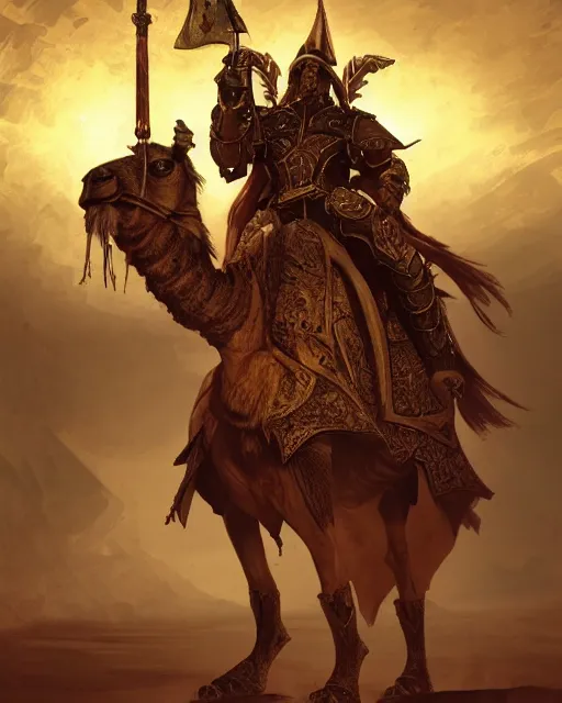 Image similar to Camel, Anthropomorphized, as warlord general on skull throne, full body, magic the gathering artwork, D&D, fantasy, cinematic lighting, centered, symmetrical, highly detailed, digital painting, artstation, concept art, smooth, sharp focus, illustration, volumetric lighting, epic Composition, 8k, art by Akihiko Yoshida and Greg Rutkowski and Craig Mullins, heroic pose, oil painting, cgsociety, Battlefield background, explosions, arrows