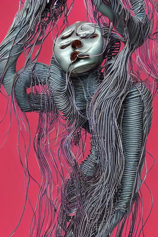 Prompt: machine cover art arms!!!! lips!!! umbrella academy unwrapped statue bust curls of hair petite lush front side view body unfolds photography model full body curly jellyfish lips wire art contrast vibrant futuristic fabric skin jellyfish material metal veins and human anatomy in the style of jonathan zawada, thisset colours simple background objective, realistic body structure