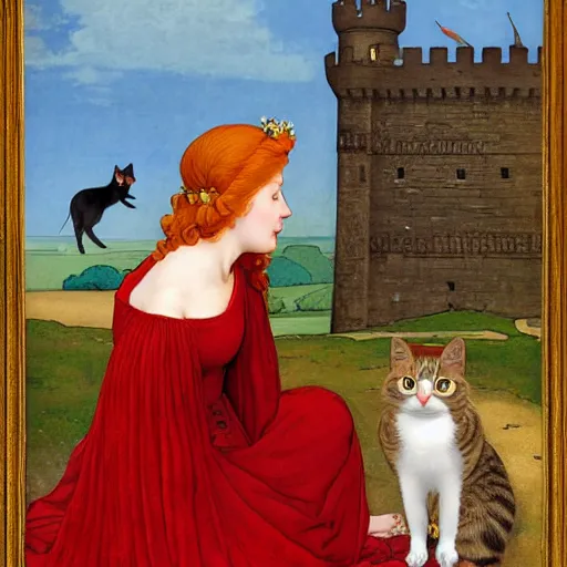 Image similar to A photorealistic portrait of a redheaded woman wearing a flower dress, admiring a cat in a castle, the cat is on a throne, in the style of Edmund Leighton