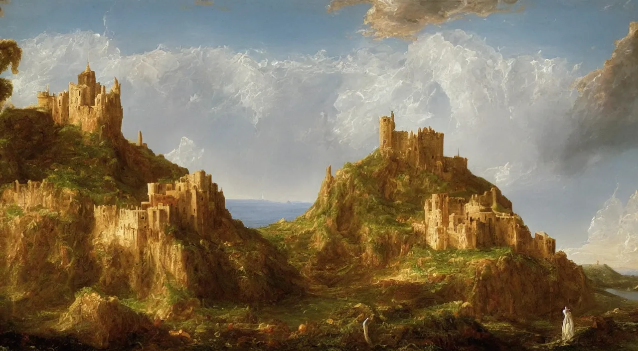 Image similar to a landscape painting of an byzantine castle, by Thomas Cole