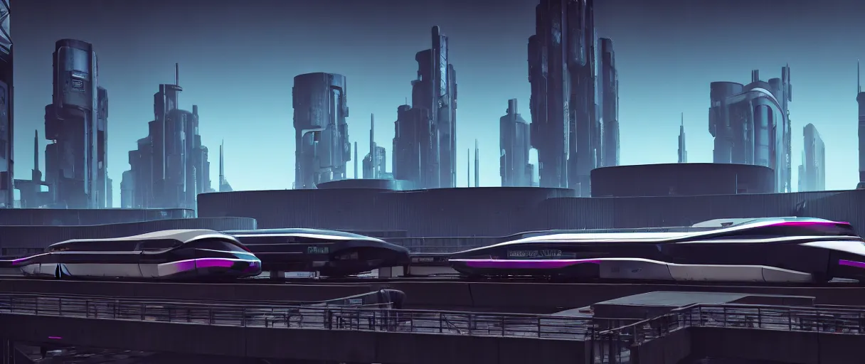 Prompt: futuristic city center with 890J maglev train in background, modern landscape architectural design for brutalist industrialpunk black and white concrete and glass, train with maroon, white and teal metallic accents, gorgeous lighting, golden hour, cyberpunk, 2077, dramatic lighting and composition, photography, 8k, origin 100i, star citizen concept art, single line, golden ratio, minimalistic composition, side profile, Tokyo, JR sc Maglev, TGV, Eurostar