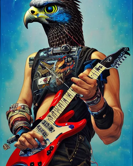 Image similar to a portrait of an anthropomorphic cyberpunk falcon shredding an electric guitar by sandra chevrier, by jon foster, detailed render, tape deck, epic composition, cybernetics, 4 k realistic, cryengine, realistic shaded lighting, sharp focus, masterpiece, by enki bilal