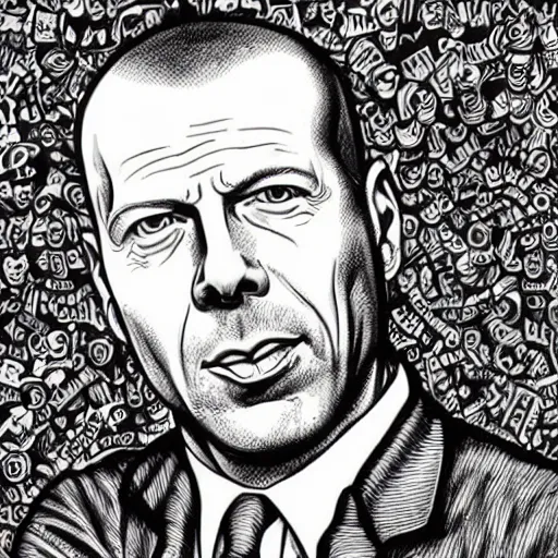 Image similar to a illustration portrait of Bruce Willis drawn by Robert Crumb