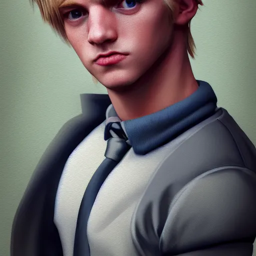 Image similar to A videogame portrait of a blond young Irish man. Dressed in 1980s style. Highly detailed, fine Art, high detail, great lighting, 8k resolution, masterpiece, concept art, illustration, clear eyes, painting oil on canvas, octane render, HDR, trending on artstation, 4k, 8k, HD