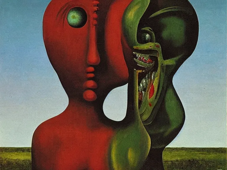 Prompt: An oil painting of a strange alien creature by Max Ernst and Giorgio de Chirico