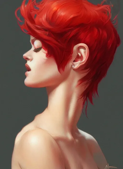 Image similar to Red short hair portrait of a man, fantasy, intricate, elegant, highly detailed, digital painting, artstation, concept art, smooth, sharp focus, illustration, art by artgerm and greg rutkowski and alphonse mucha