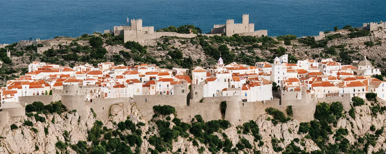 Prompt: 35mm photo of the Spanish castle of Salobrena on the top of a large rocky hill overlooking a white Mediterranean town, white buildings with red roofs, ocean and sky by June Sun