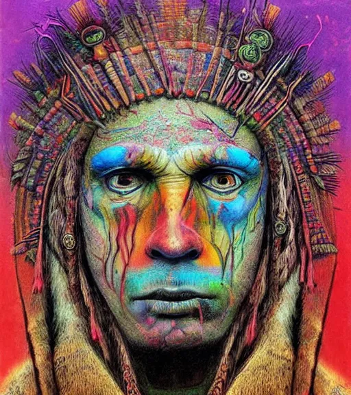 Image similar to Portrait painting in a style of Beksinski mixed with Alex Grey of an old shaman dressed in a colorful traditional clothes. psychodelic