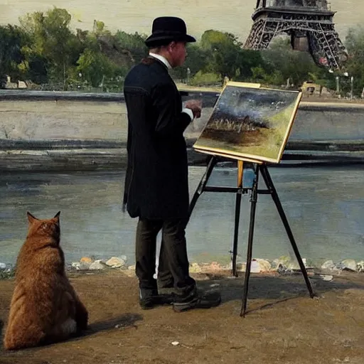 Prompt: artist Ewan McGregor is painting a painting by the river bank. We can see his back. He is a gentleman and wears a bowler hat, He is an artist, on background there is Eiffel tower, on his feet is lying a brown cat, by d'Édouard Cortès