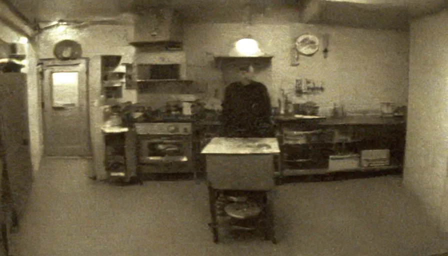 Image similar to snake, a man sit in a stalinist style kitchen, by mini dv camera, very very low quality, heavy grain, very blurry, accidental flash, webcam footage, found footage, security cam, caught on trail cam