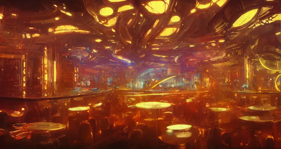 Prompt: futuristic bar interior, intricate, elegant, vivid colors, highly detailed, john park, craig mullins, sparth, ruan jia, jeffrey catherine jones