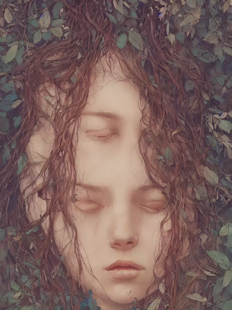 Image similar to artist james jean and sam spratt beautiful illustration of a natural women in a forest, high detail, artstation, natural colors, closed eyes, smile,