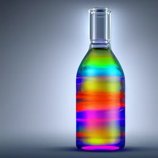 Image similar to a bottle full of a glowing rainbow liquid, high resolution, render, photorealistic