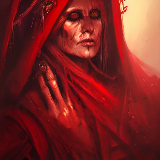 Prompt: a beautiful portrait of an ancient elderly necromancer queen, embers, skeletal, red-fabric, red-eyes!, by Greg Rutkowski and Raymond Swanland, Trending on Artstation, ultra realistic digital art