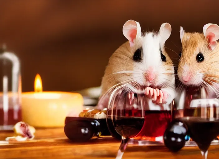 Image similar to photo of a hamsters on a date, drinking red wine, at night, faded colors, candlelit restaurant table, various poses, soft light, centered, sharp focus, 8 k