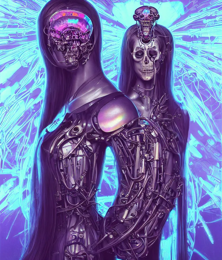 Image similar to fully symmetrical centered iridescent portrait of a beautiful princess of death in robe. skulls artificial muscles, ribcage, bones, hard surface modelling. cyberpunk look. biomechanical mask. bio luminescent biomechanical halo around head. neon jellyfish. artwork by jarold Sng by artgerm, by Eddie Mendoza, by Peter mohrbacher by tooth wu, unreal engine, octane render, cinematic light, high details, iridescent colors, dichroic, macro, depth of field, blur