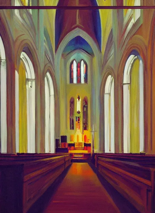 Prompt: a church interior with neon lights painted by Edward Hopper and James Gilleard