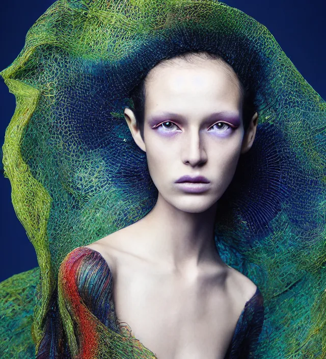 Image similar to photography face portrait of one female fashion model in rainforest, wearing one organic futurist shawl designed by iris van herpen,, creative colorfull - makeup, curly hair style half _ long, photography by paolo roversi nick knight, helmut newton, avedon, and araki, sky forest background, natural pose, highly detailed, skin grain detail