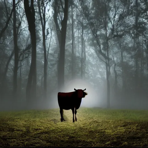 Image similar to Highly realistic painting of a cow standing in the middle of a dark forest, oak trees, fog, moody lighting, volumetric lighting