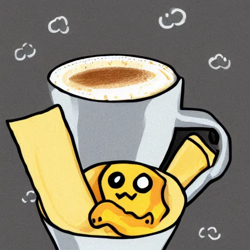 Prompt: a hand drawn cute illustration of a living box of mac and cheese holding a cup of coffee