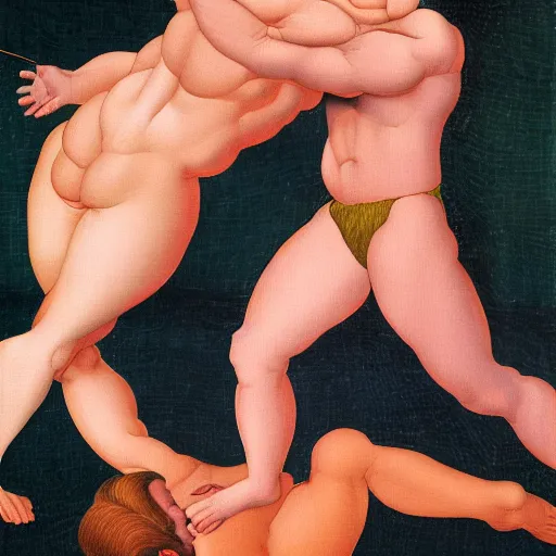 Prompt: conan o'brien and andy richter wrestling, by botticelli