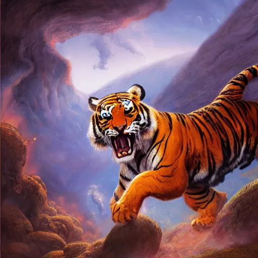 Image similar to tiger running from a volcano by justin gerard, deviantart