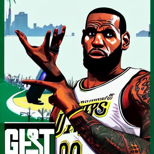 Image similar to lebron james in gta v cover art, art by stephen bliss, sharp details, sharp focus