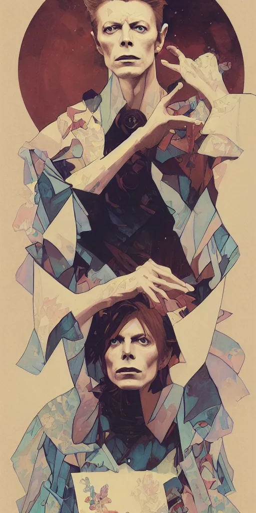 Image similar to Poster artwork, David Bowie, medium shot, details, sharp focus, illustration, by Jordan Grimmer and Alphonse Mucha and greg rutkowski and PiNe (パイネ) and 薯子 Imoko and 香川悠作 and maya takamura, intricate, beautiful, Trending on artstation, pixiv, digital Art