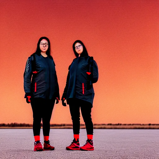 Prompt: photographic portrait of 2 techwear women in front of a brutalist metal building, on a desolate plain, red sky, sigma 8 5 mm f / 1. 4, 4 k, depth of field, high resolution, 4 k, 8 k, hd, full color