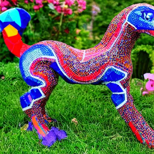 Image similar to mosaic sculpture of a alebrije chimera!!!, irregularly shaped mosaic tiles, in the style of folk art, in a cottagecore flower garden