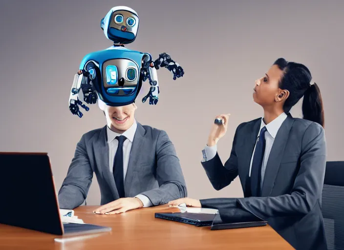 Image similar to A flying head and a Robot, business meeting