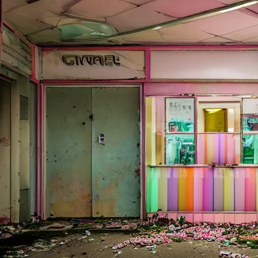 Image similar to futuristic, pastel colors, hd 8 k photography, abandoned, overgrown, candy shop in a mall