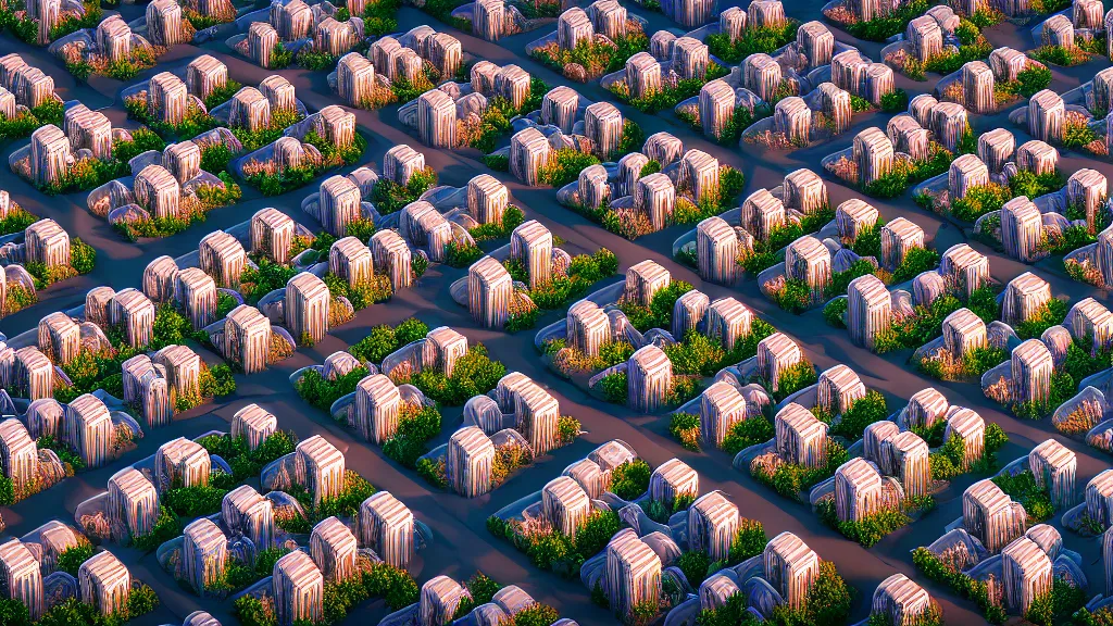 Prompt: a high detailed astonishing wide lens photo of the houses melting on the sun, isometric city digital twin, architectural drone photography, 8 k, hyperreal, octane render