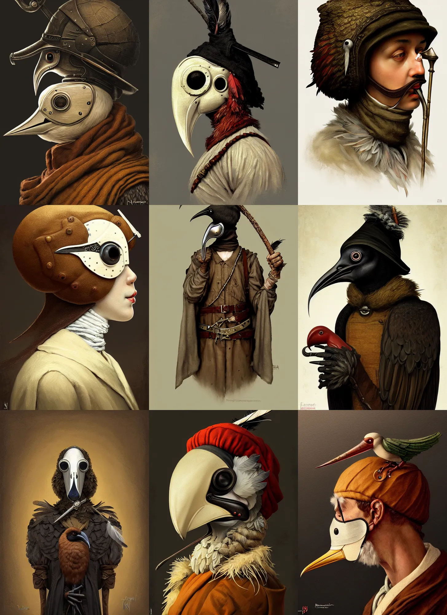 Prompt: rpg! profile!! portrait of humanoid bird on white background, beak, feathers, plague doctor, vintage doll, intricate, highly detailed, digital painting, artstation, concept art, smooth, sharp focus, illustration, art by norman rockwell emiliano ponzi andrey remnev yoann lossel aaron jasinski, 8 k