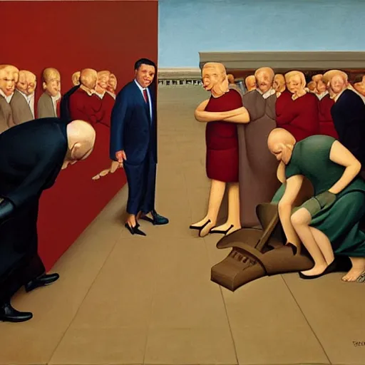 Image similar to oil painting by george tooker of a satirical presidential run