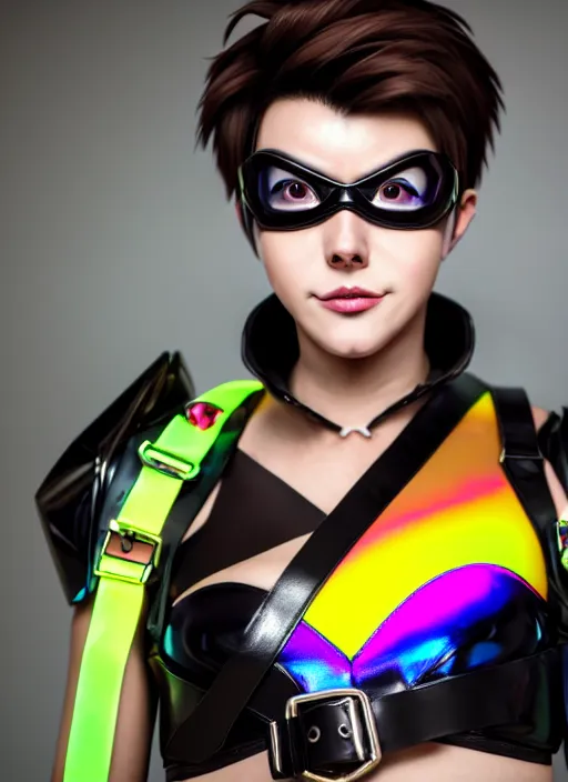 Image similar to hyperrealistic style portrait of tracer overwatch, confident pose, wearing black iridescent rainbow latex, rainbow, neon, 4 k, expressive happy smug expression, makeup, in style of mark arian, wearing detailed black leather collar, wearing sleek armor, black leather harness, expressive detailed face and eyes,