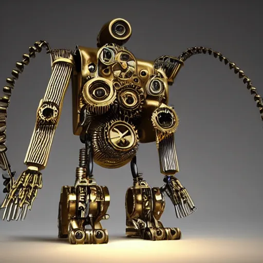 Prompt: steampunk robot, many gears, cables, wires, futuristic, gold, silver