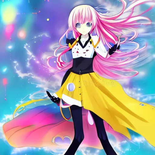 Prompt: anime magic girl with yellow medium hair, blue eyes and in fancy colorful outfit standing in half-turn and striking a kawaii, cute anime pose, anime full body illustration, 2K, best anime character design, Monthly ranking on Pixiv, Official character illustration, Popular on Danbooru