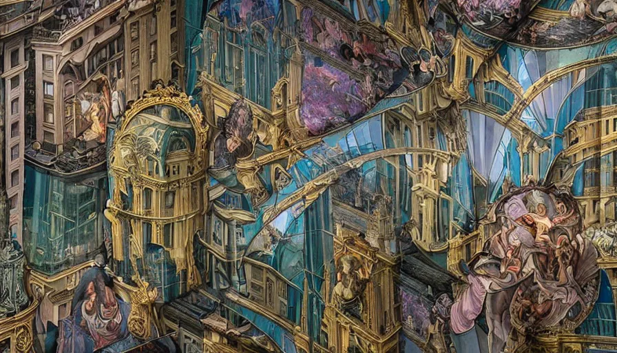 Prompt: a huge standalone hyperrealistic photorealistic hyperdetailed window reflecting a city by night, seen from the distance. art nouveau rococo in the style of caravaggio and botticelli. unexpected elaborate maximalist fabric elements hd 8 x matte background in vibrant vivid natural interesting pastel colour textures